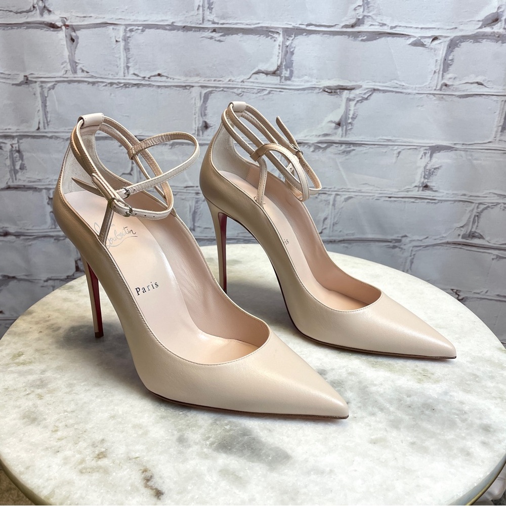 Christian Louboutin Nude/Beige Pointed-Toe Ankle-Strap Pumps